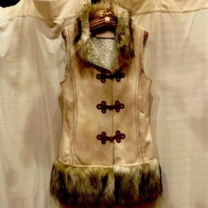 TASHA POLIZZI Rich faux suede, faux fur, faux fur lined knee length vest.